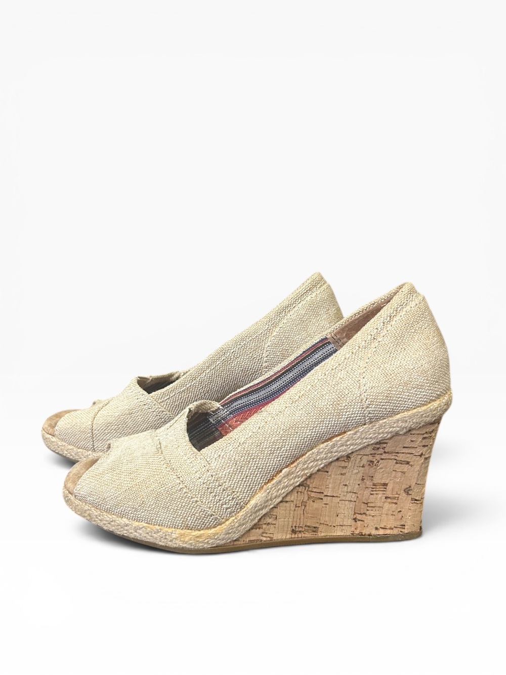 Toms Women's Classic Wedge Peep Toe Cork Heel Sandals Beige Women’s Size 5.5